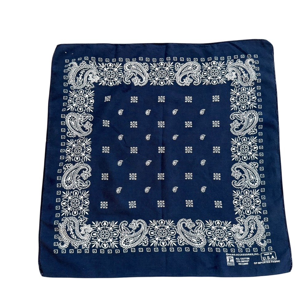 Vintage Paris Accessories Navy‎ Blue Paisley Bandana All Cotton Made in USA